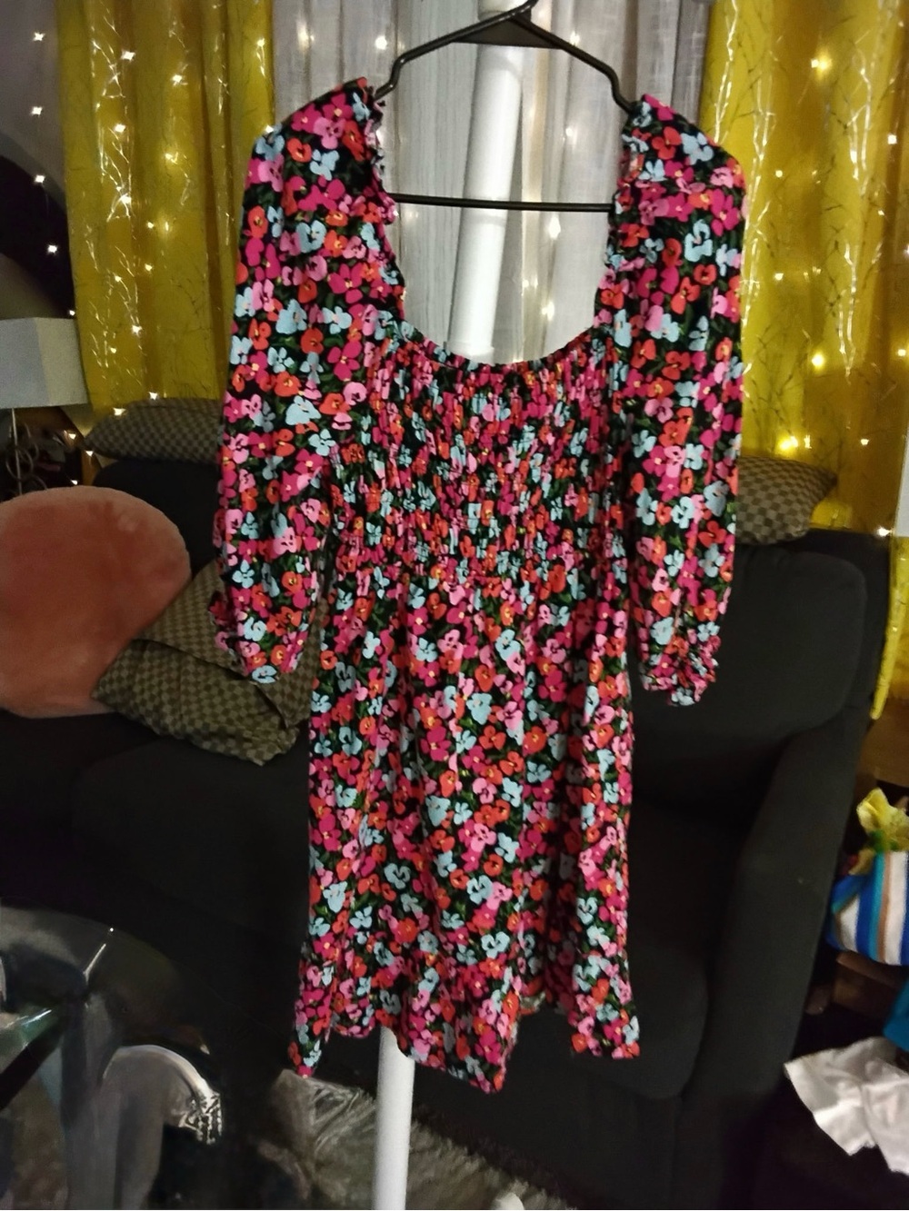 Women’s Black Floral Smocked Neck Casual Dress - Pink & Mint Accents